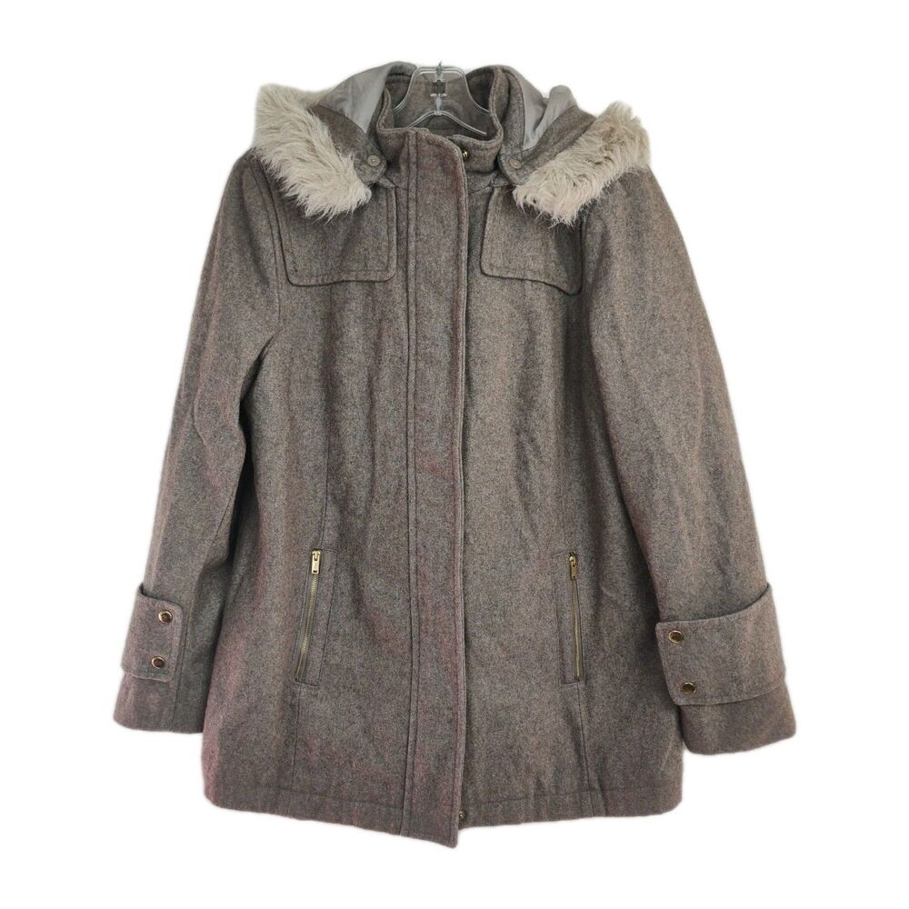 A New Day Full-Zip Coat Women's L Light Brown Removable Hood Wool Blend‎